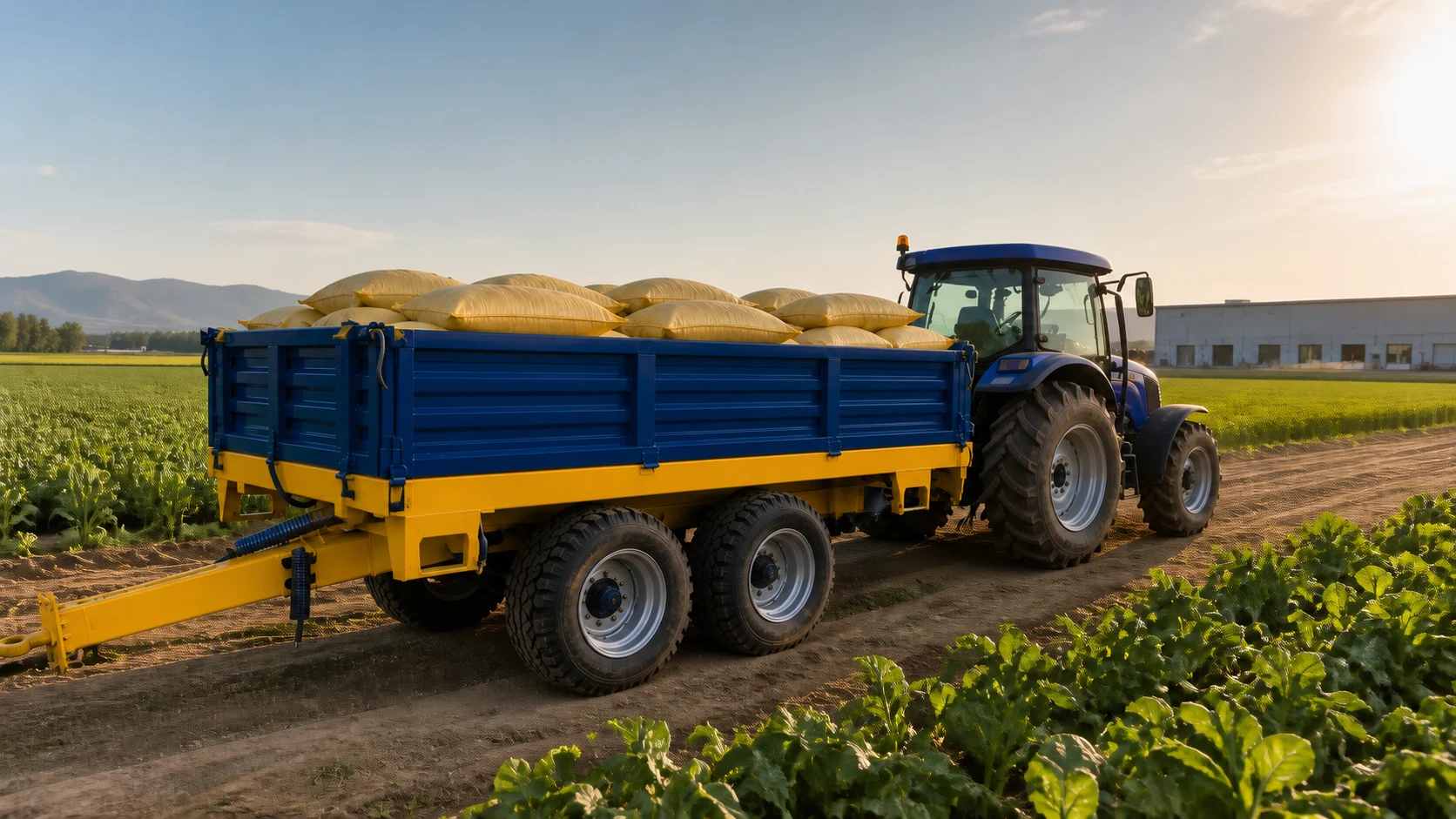 Blue and yellow agricultural trailer working on a Chinese farm