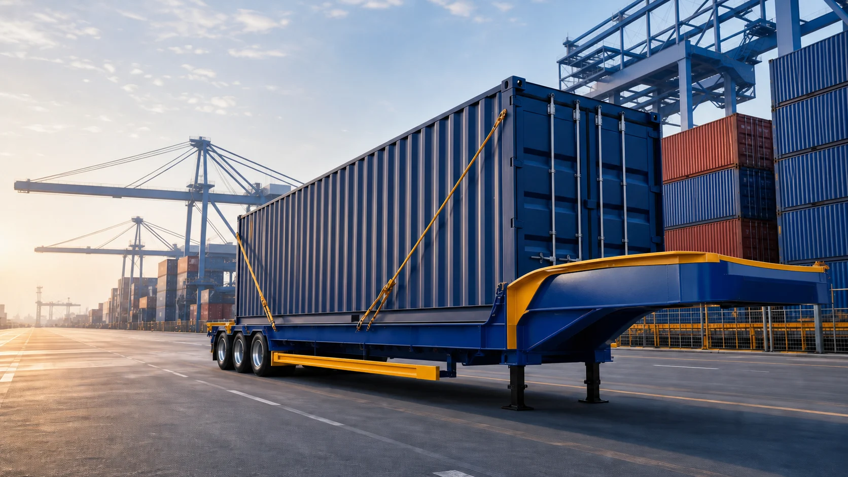 Blue and yellow custom flatbed trailer at a Chinese export port