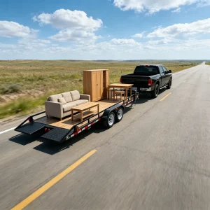 2 Axle Open Car Hauler Semi Trailer with Steel Deck & Ramp Capacity for Equipment & Vehicle Transport & Furniture Moving