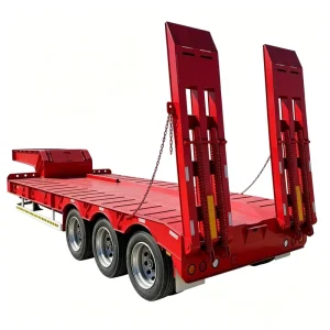 3 Axle Heavy Duty Red Lowboy Trailer with Hydraulic Ramps for Excavator & Heavy Equipment Transport