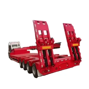 3 Axles Low Flatbed Transport Container Semi Trailer Heavy Duty Excavator Truck with Mechanical Ladder 100ton Lowbed Trailers
