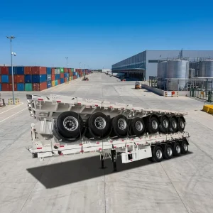 4-Axle 80 Ton Steel Flatbed Semi Trailer with 1.2m Front Panel 28 Ton Landing Gear Double Brake Chamber