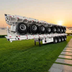 4 Axles 80Ton Steel Flat Bed Semi Trailer 1.2m Front Board Anti-slip Floor Container Transport