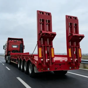 Heavy Duty 4 Axle Steel Low Bed Semi Trailer with Hydraulic Ramps 60 80Ton Capacity for Construction Machinery Transport