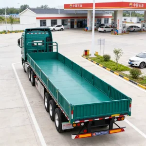 Heavy Duty Steel 3 Axle Flatbed Semi Trailer with High Side Board 60-70Ton Payload for Bulk Cargo and Container Shipping