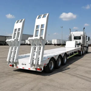 Heavy Duty Utility Cargo 50ton Low Deck Low Bed Drop Deck Lowbed Truck Semi Trailer with Hydraulic Ramp