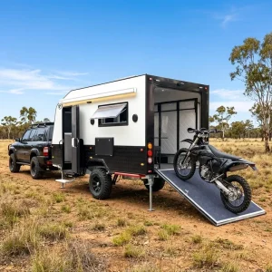 Off Road Toy Hauler 14.6ft Travel Trailer Caravan RV with Rear Ramp Door for ATV UTV Motorcycle Enclosed Camper