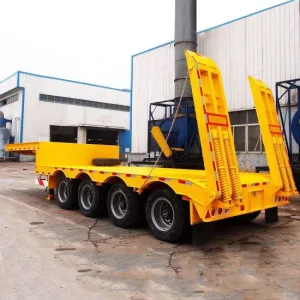 Steel 4 Axle Low Bed Semi Trailer with Hydraulic Ladder 80000kg Payload for Heavy Machinery Transport