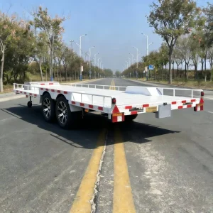 Tandem Axle Steel White Flatbed Utility Trailer Safety Guardrails 30 Ton Capacity Transport Hauler for Vehicles General Cargo